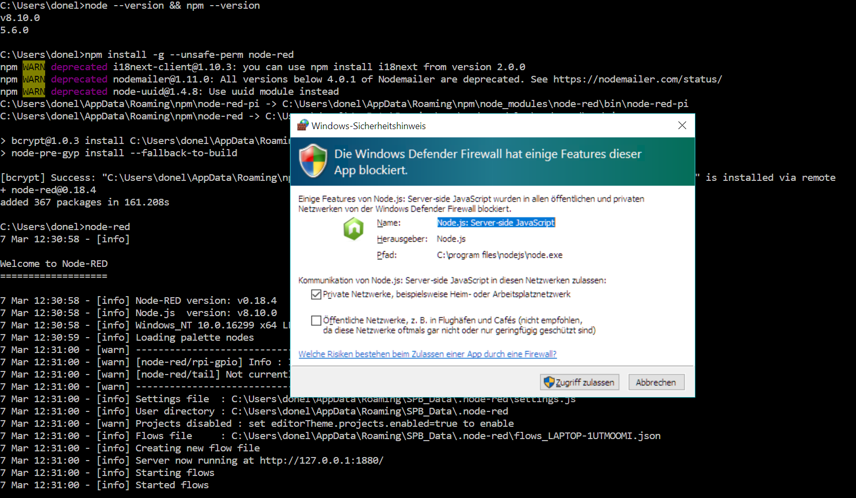 Die Firewall meldet sich. Im Hintergrund startet Node-RED in der Konsole
