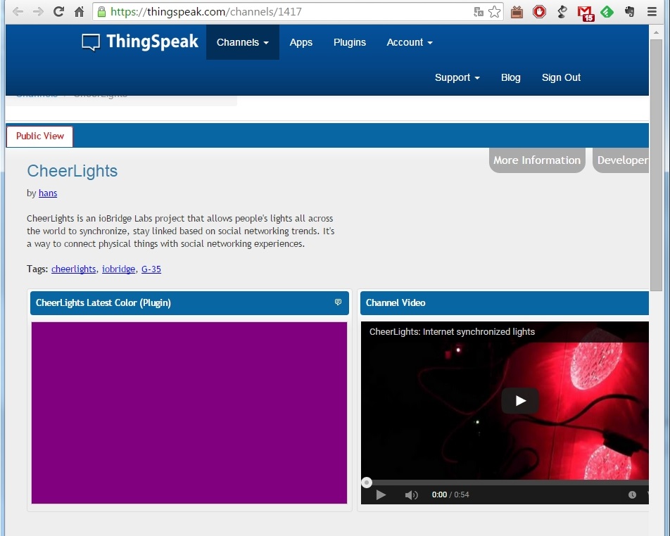 Die öffentliche ThingSpeak Seite für das Cheerlights-Projekt